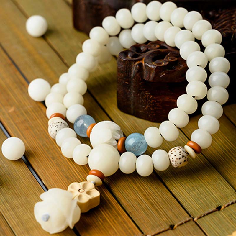 Bracelet Lotus unisexe avec jade blanc, graines de Bodhi et bénédictions