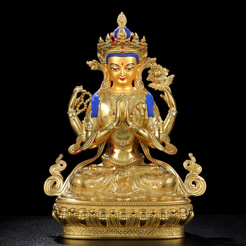 Chenrezig Copper Gold Plated Buddha Statue for Protection 5 Inch