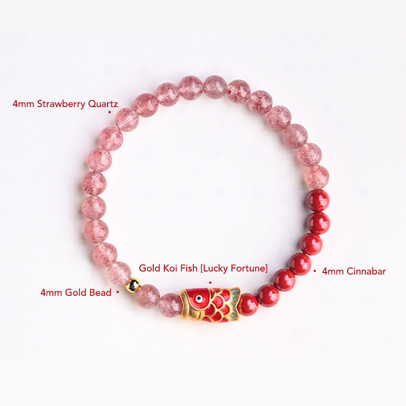 Bracelet de guérison porte-bonheur en quartz fraise de 4 mm avec poisson koï
