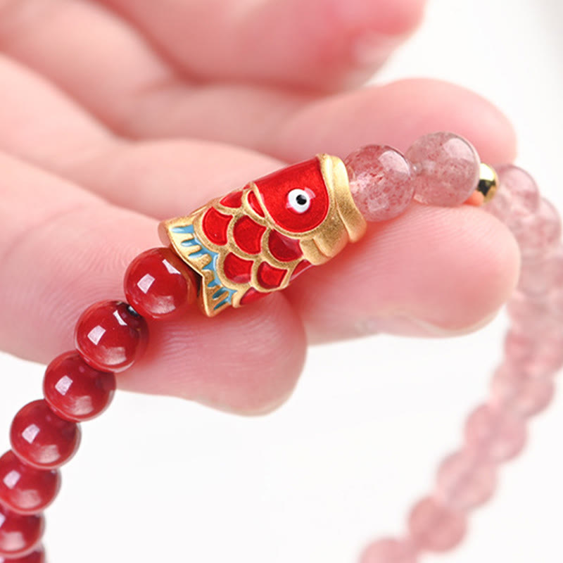 Bracelet de guérison porte-bonheur en quartz fraise de 4 mm avec poisson koï