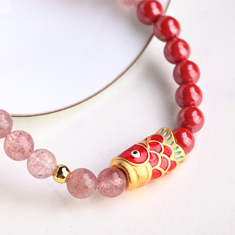 Bracelet de guérison porte-bonheur en quartz fraise de 4 mm avec poisson koï