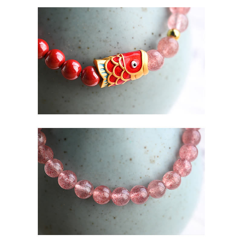 Bracelet de guérison porte-bonheur en quartz fraise de 4 mm avec poisson koï
