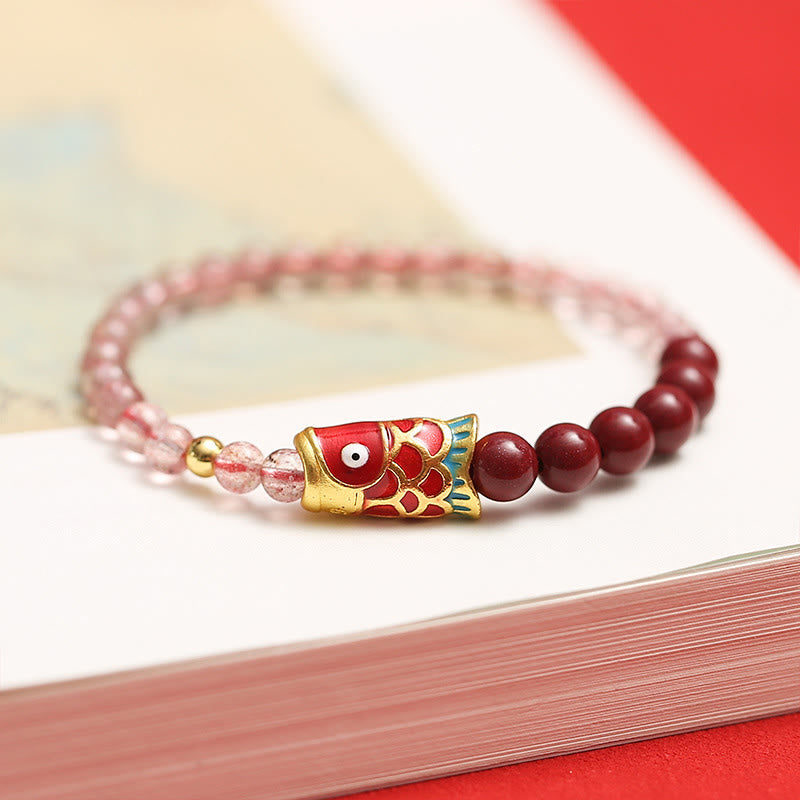Bracelet de guérison porte-bonheur en quartz fraise de 4 mm avec poisson koï