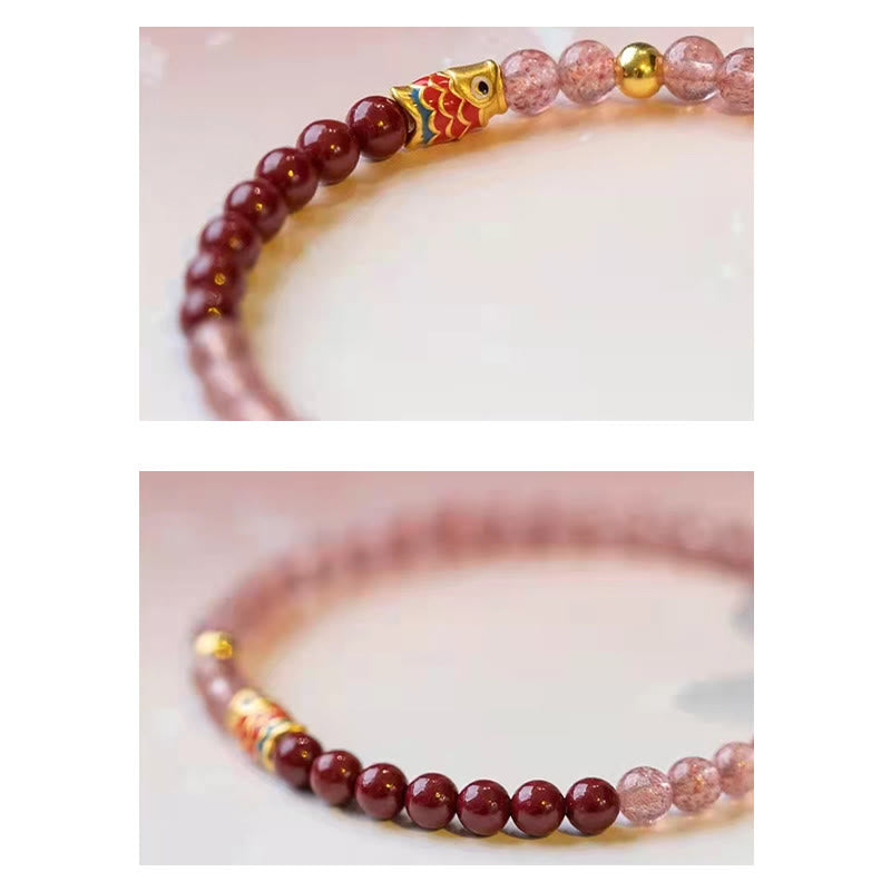 Bracelet de guérison porte-bonheur en quartz fraise de 4 mm avec poisson koï