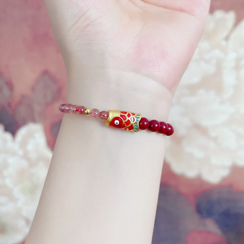 Bracelet de guérison porte-bonheur en quartz fraise de 4 mm avec poisson koï