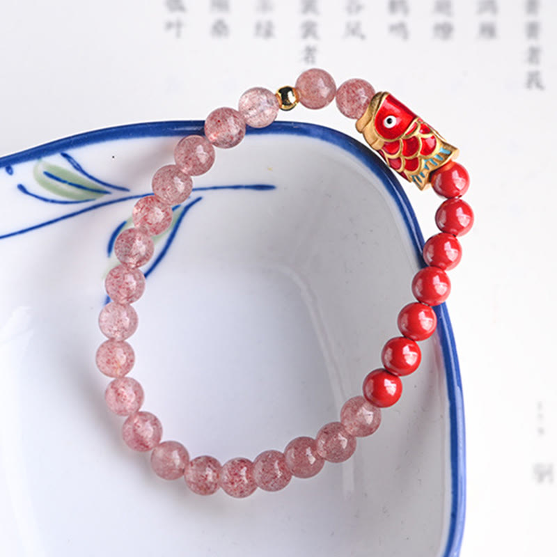 Bracelet de guérison porte-bonheur en quartz fraise de 4 mm avec poisson koï
