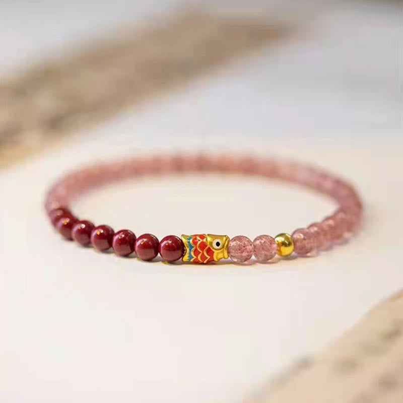 Bracelet de guérison porte-bonheur en quartz fraise de 4 mm avec poisson koï