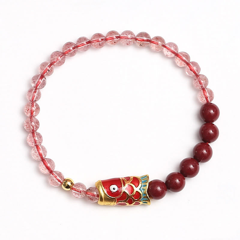 Bracelet de guérison porte-bonheur en quartz fraise de 4 mm avec poisson koï