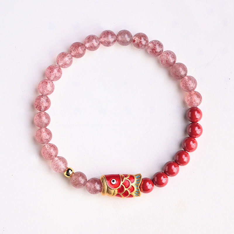 Bracelet de guérison porte-bonheur en quartz fraise de 4 mm avec poisson koï