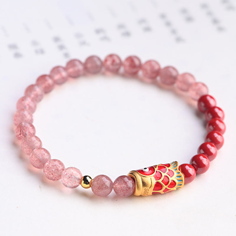 Bracelet de guérison porte-bonheur en quartz fraise de 4 mm avec poisson koï