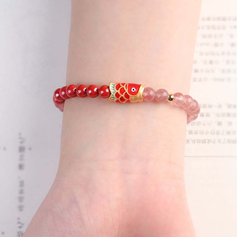 Bracelet de guérison porte-bonheur en quartz fraise de 4 mm avec poisson koï