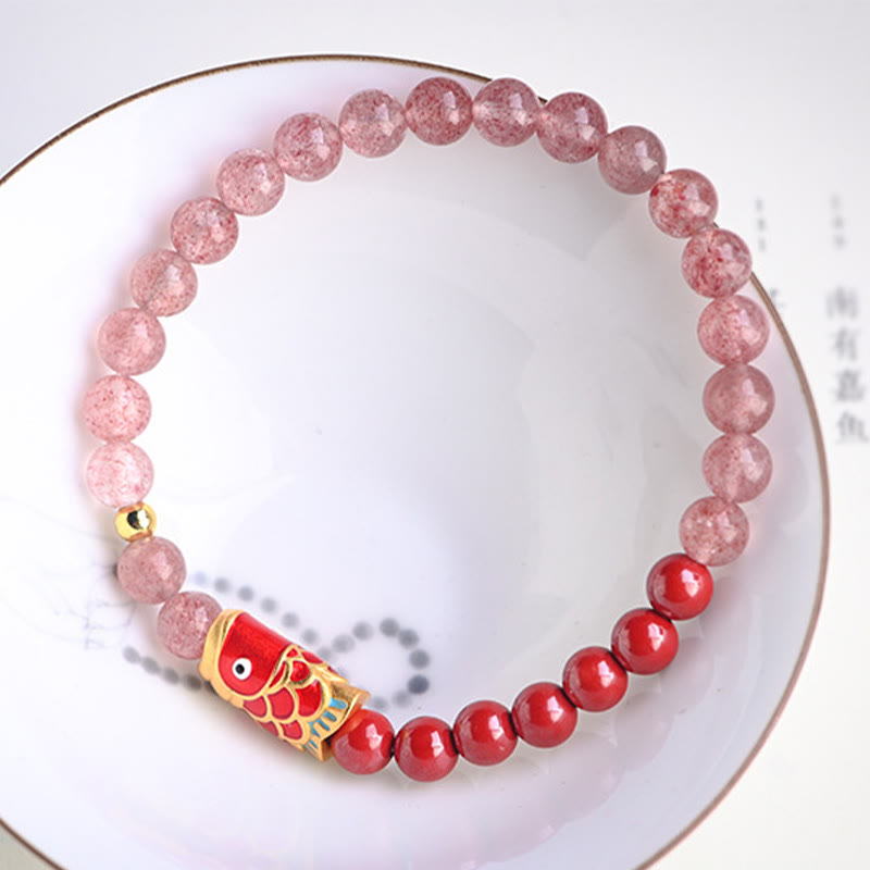 Bracelet de guérison porte-bonheur en quartz fraise de 4 mm avec poisson koï