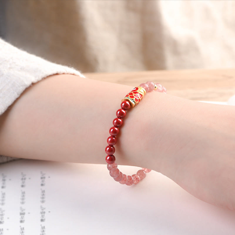 Bracelet de guérison porte-bonheur en quartz fraise de 4 mm avec poisson koï