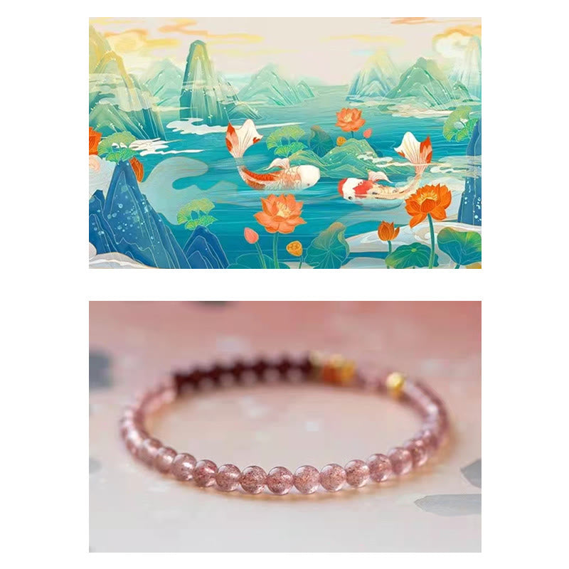 Bracelet de guérison porte-bonheur en quartz fraise de 4 mm avec poisson koï