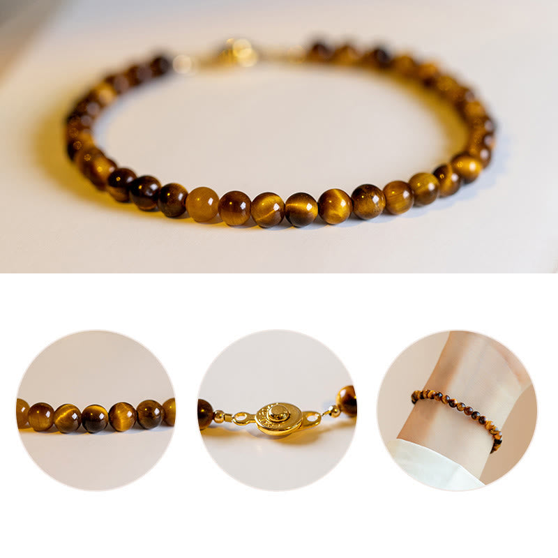 Bracelet de protection œil de tigre 4 mm en plaqué or 14 carats
