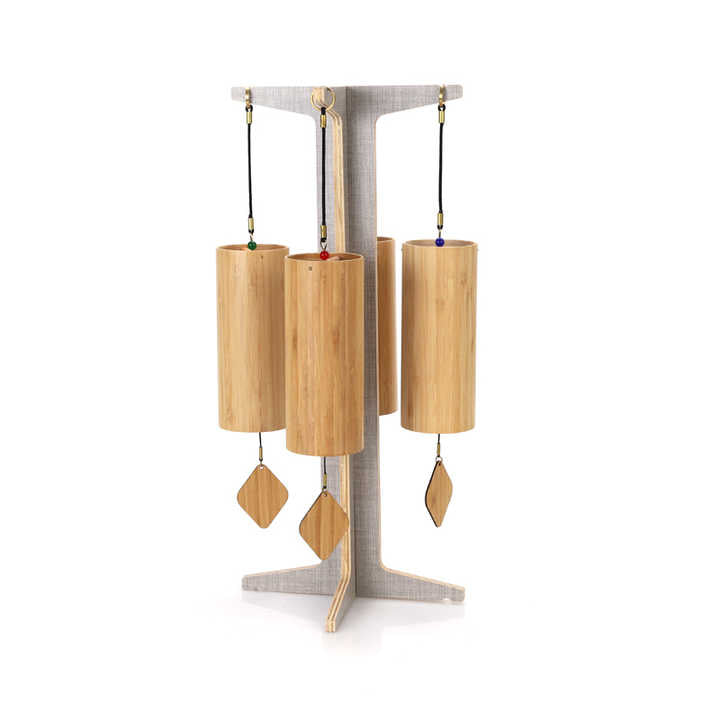 Wooden wind chimes with cylindrical tubes and leaf pendants in 4pc set with case