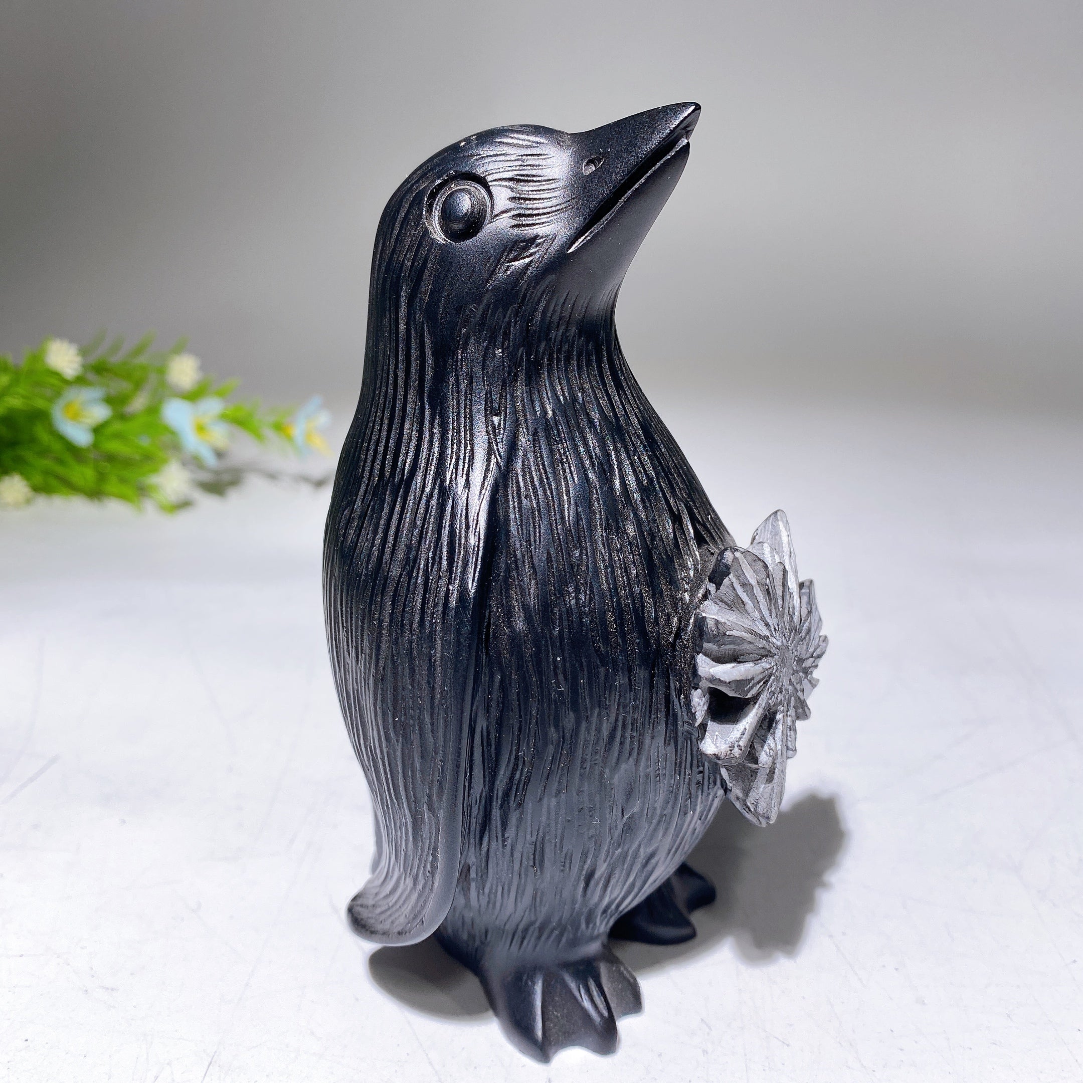 5.0" Black Crystal Penguin Figurine with Chrysanthemum Carving