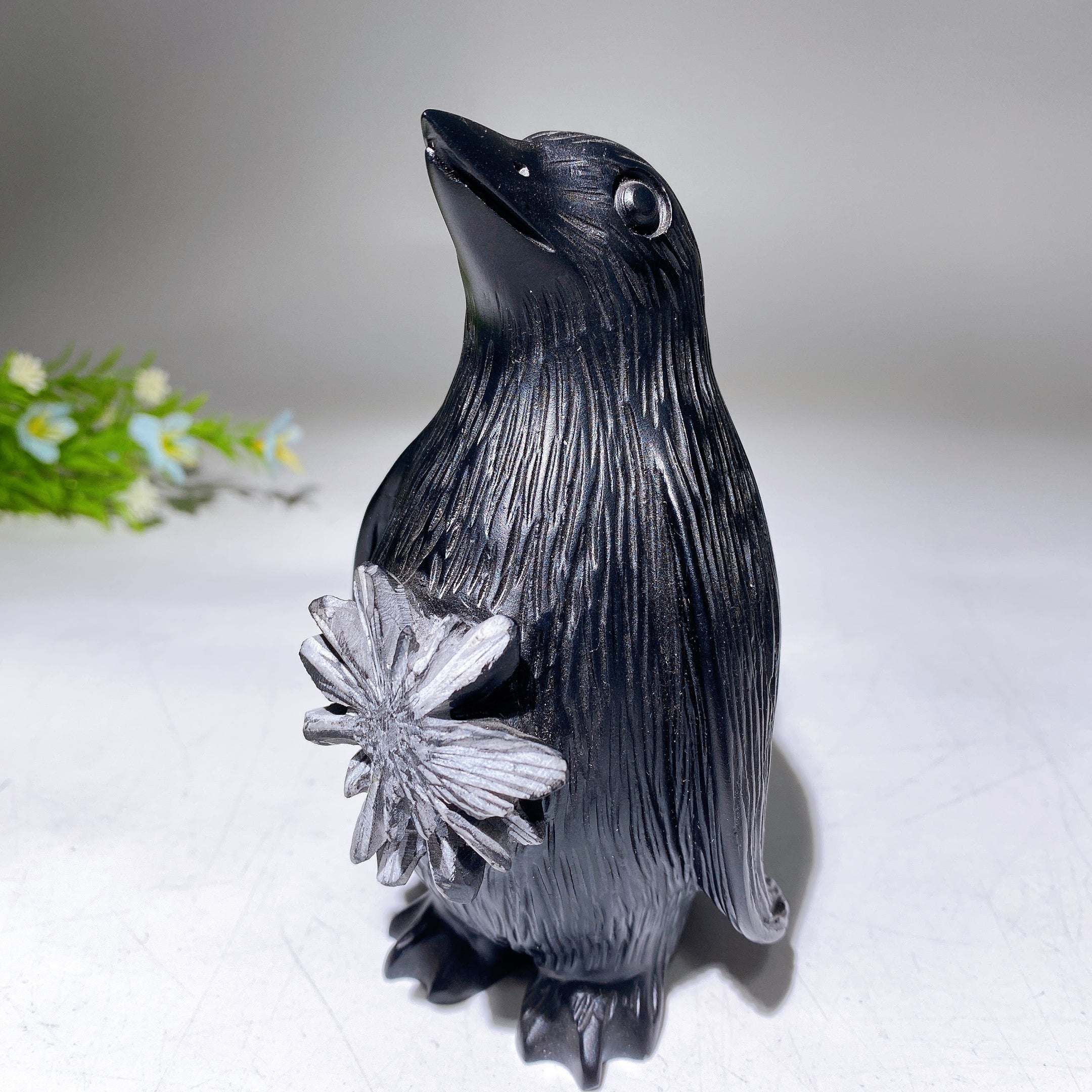 5.0" Black Crystal Penguin Figurine with Chrysanthemum Carving