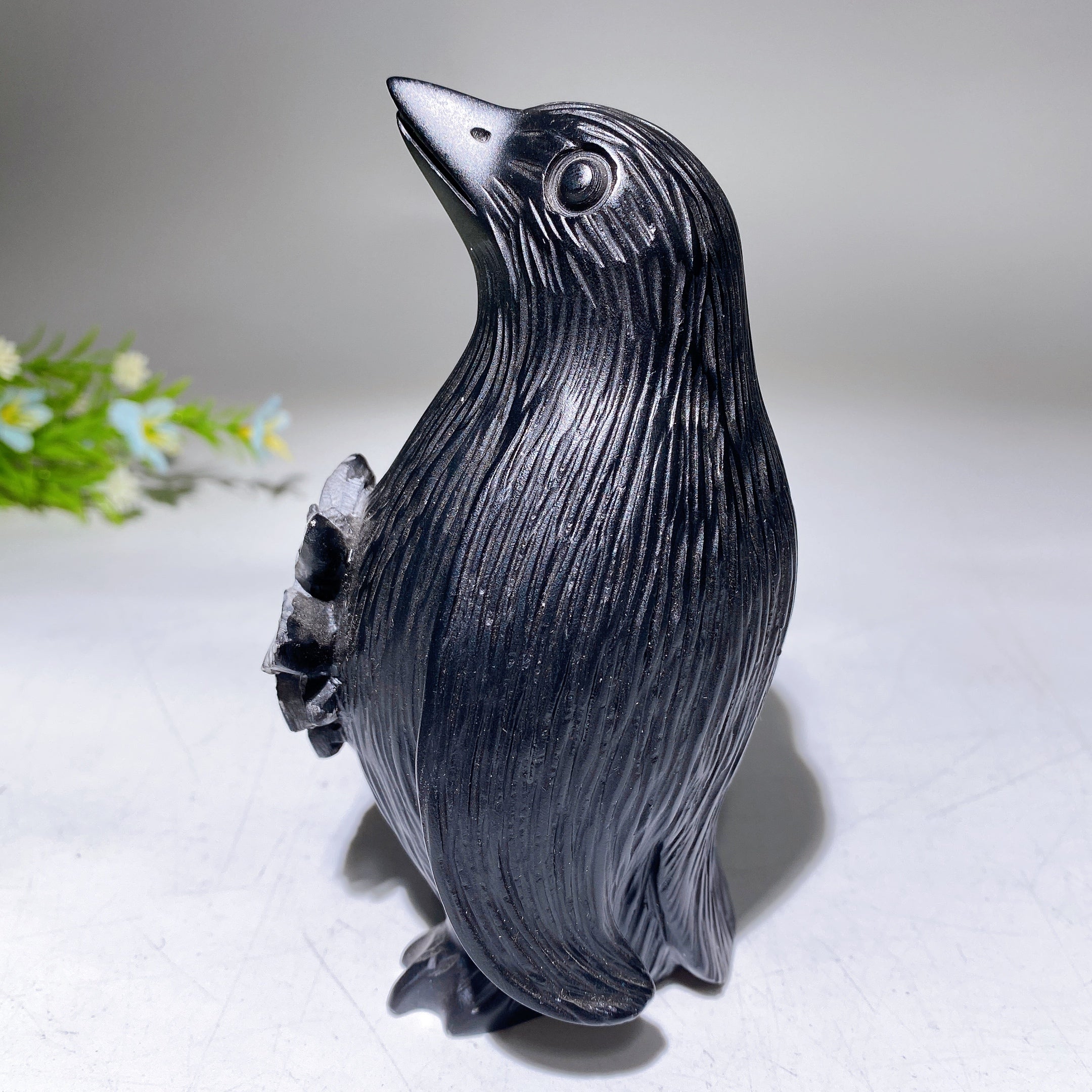 5.0" Black Crystal Penguin Figurine with Chrysanthemum Carving