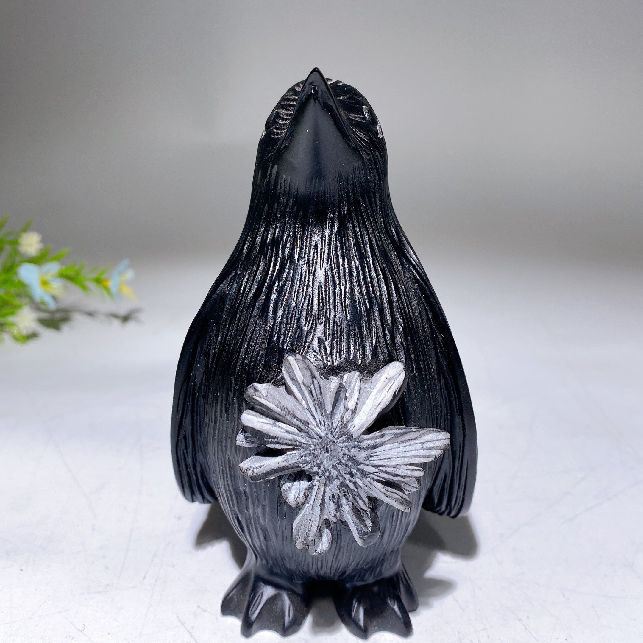 5.0" Black Crystal Penguin Figurine with Chrysanthemum Carving