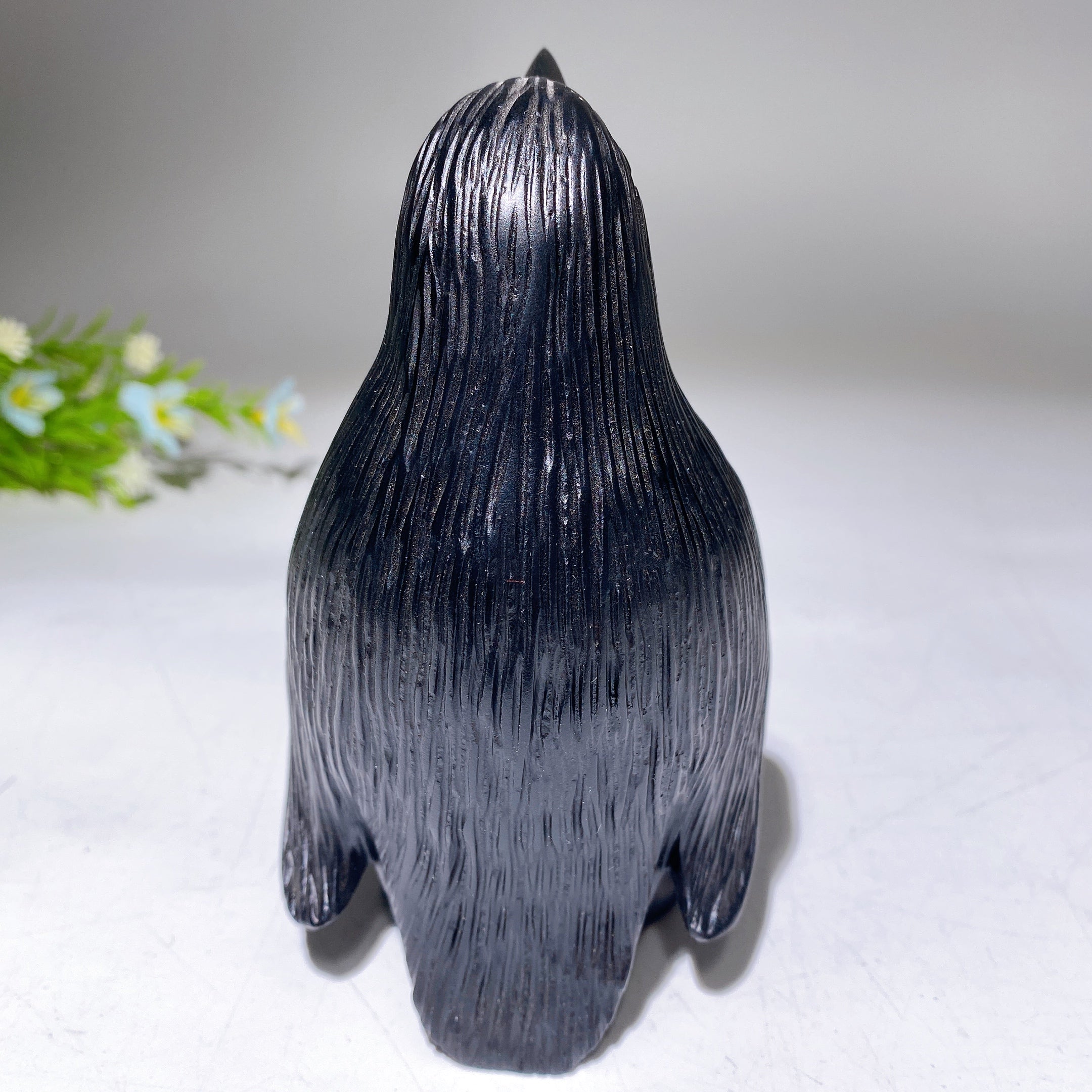 5.0" Black Crystal Penguin Figurine with Chrysanthemum Carving