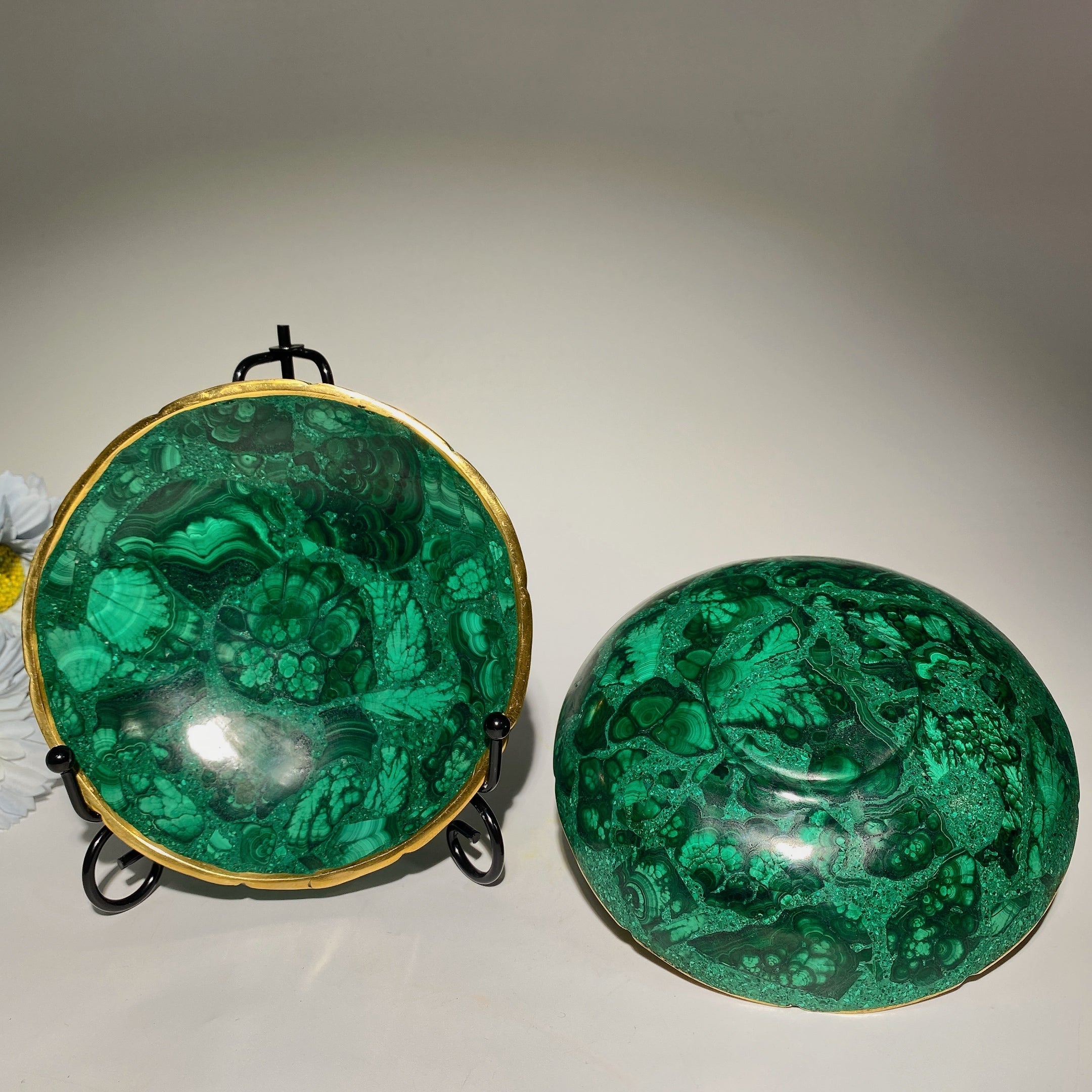 5.1 inch Malachite Crystal Bowl with Golden Rim for Decor