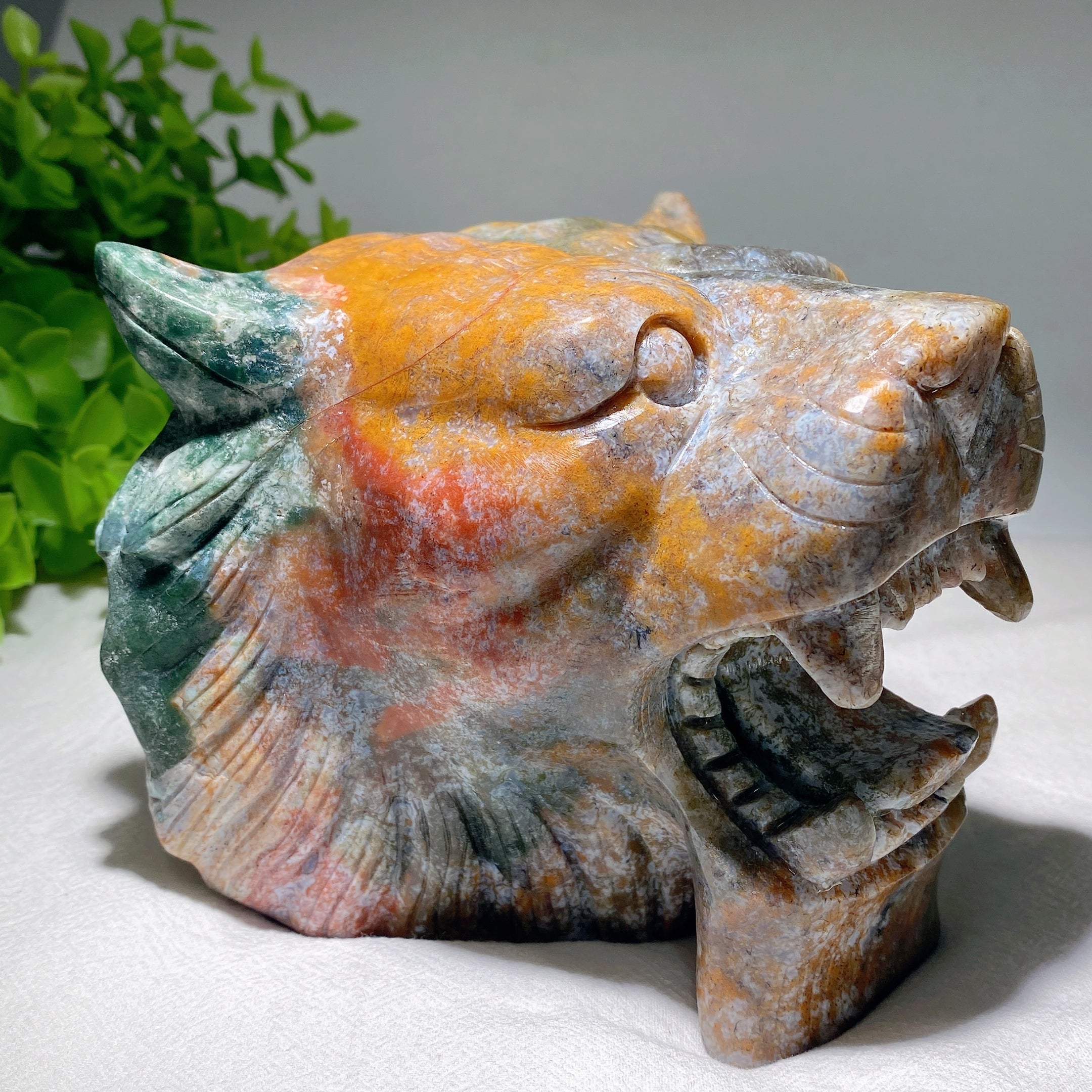 5.2 inch Ocean Jasper Tiger Head Crystal Carving for Healing