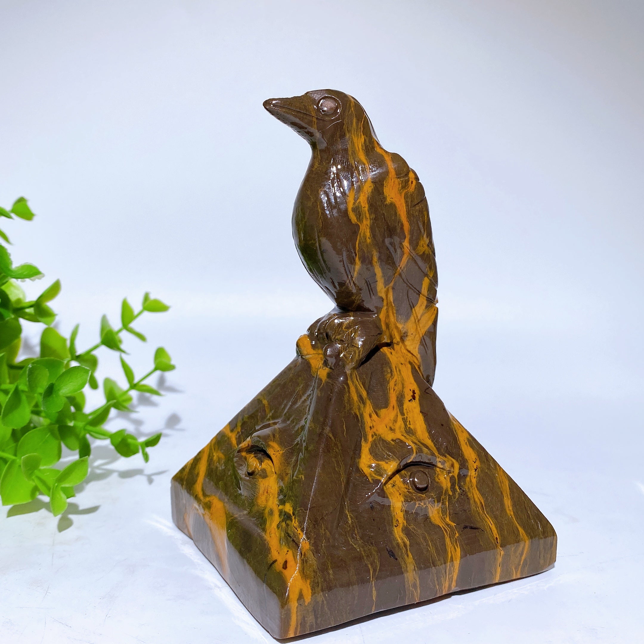 5.2" Jade Raven Crystal Figurine on Pyramid Carving