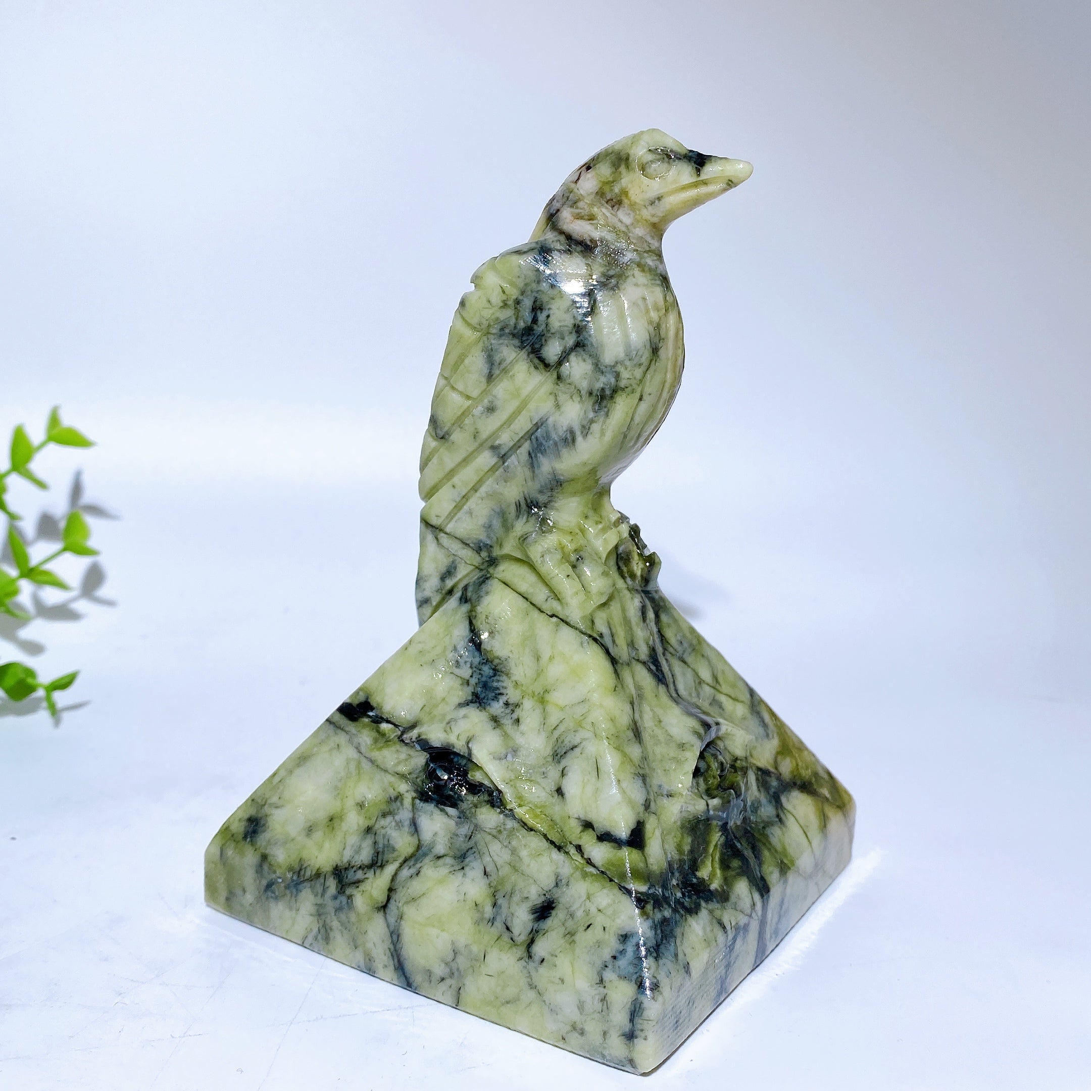 5.2" Jade Raven Crystal Figurine on Pyramid Carving