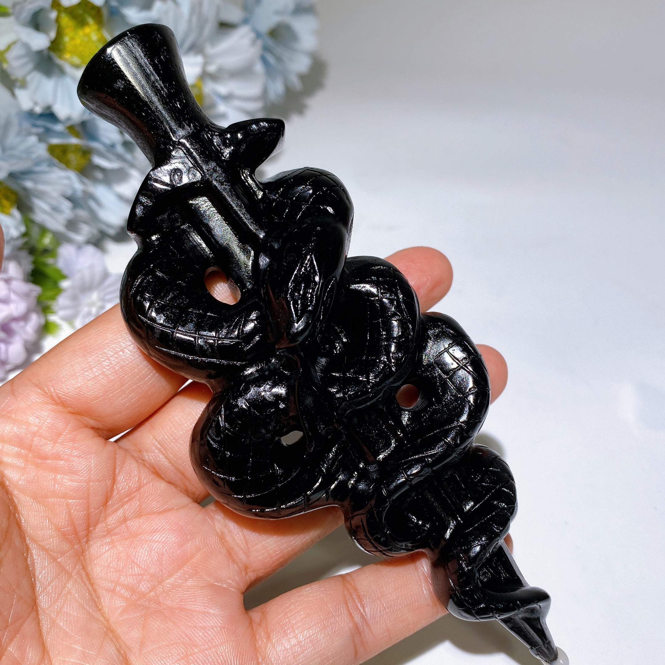 5.7 inch Black Obsidian Snake Sword Crystal Figurine