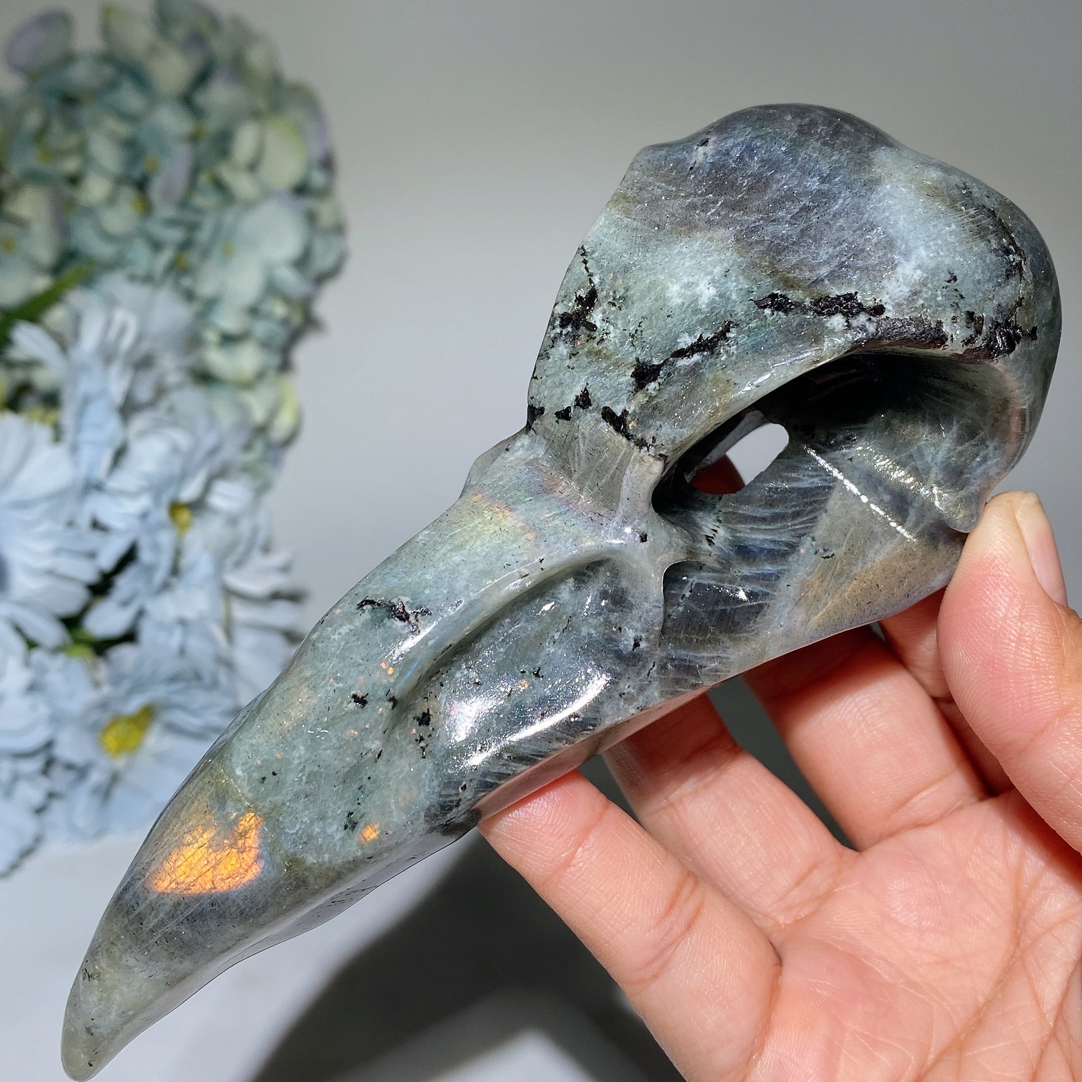 5.7 inch Labradorite Raven Skull Crystal Animal Carving