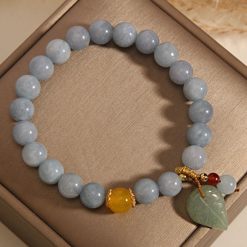 8mm Aquamarine Jade Leaf Healing Charm Bracelet