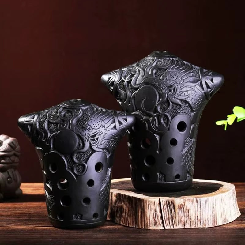 Black 10 Holes Pottery Xun Ocarina Music Flute Double Cavity Vintage Relief Xun Professional Ocarina Musical Instrument Gifts