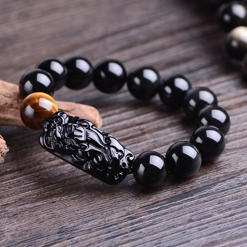 Natural Black Obsidian PiXiu Bracelet 14mm for Strength