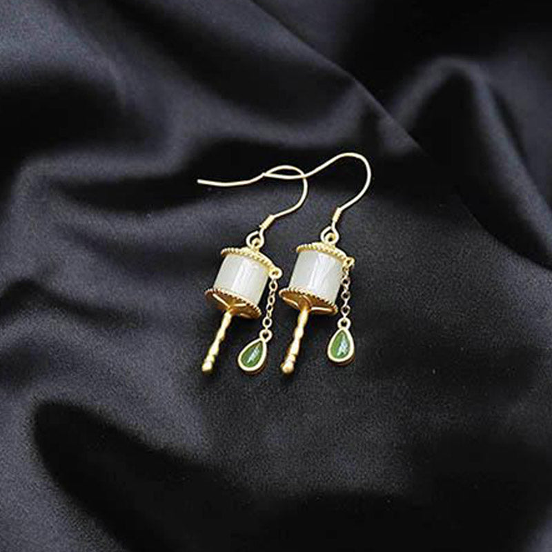 38mm Jade & 925 Sterling Silver Drop Earrings for Luck
