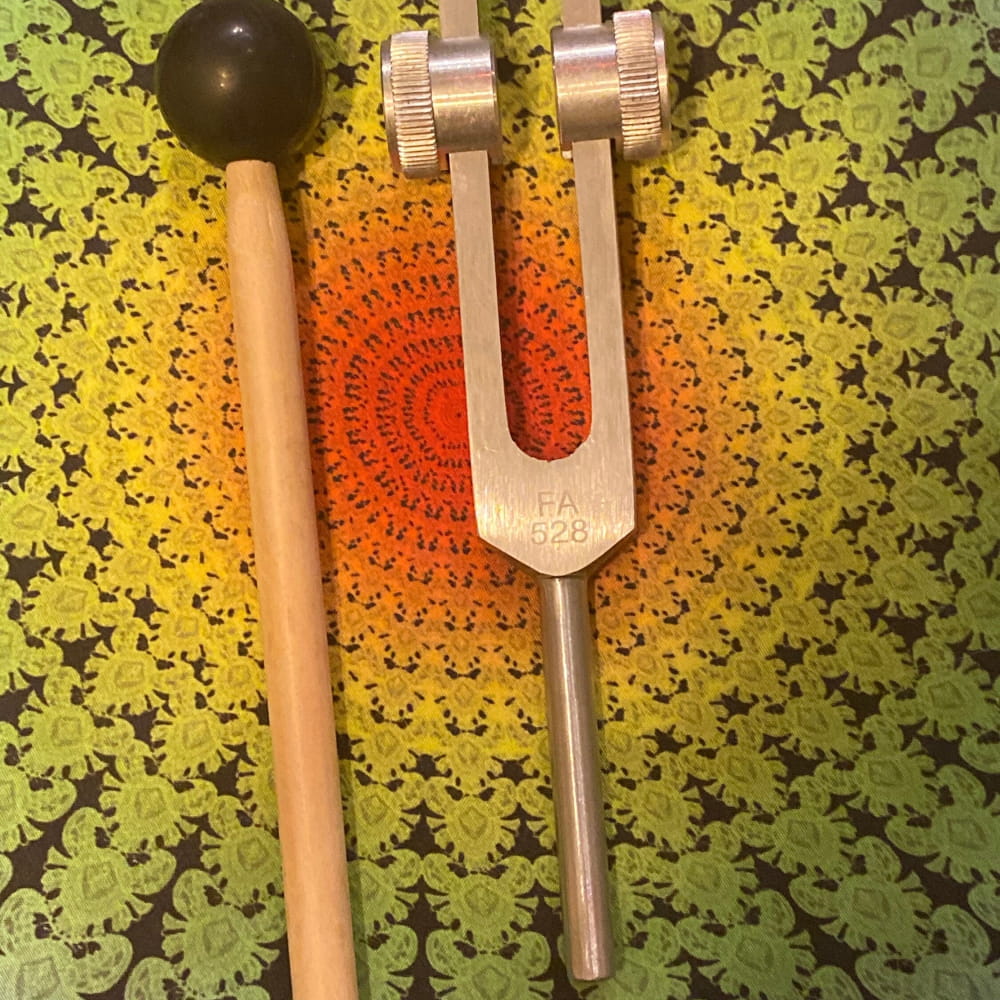 528 Hz Crystal-End Solfeggio Tuning Fork with wooden mallet for vibrational healing