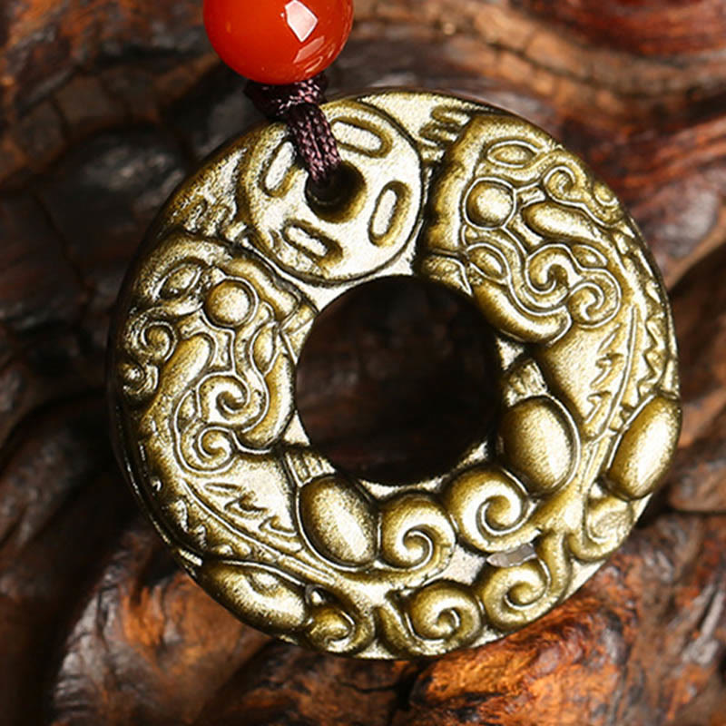 Gold Sheen Obsidian Wealth Necklace with Pixiu & Peace Buckle