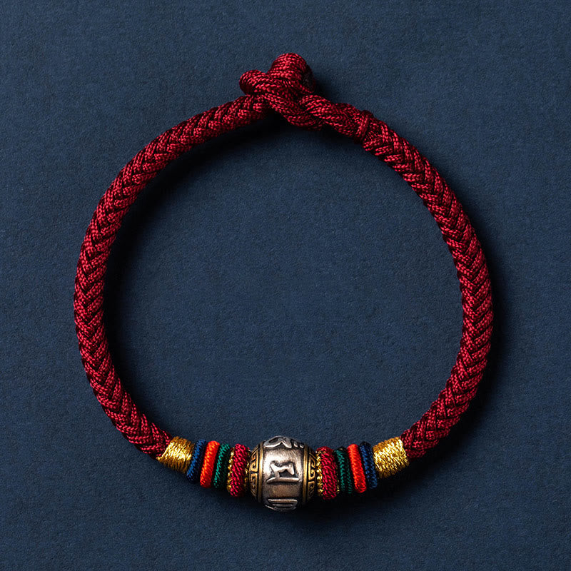 925 Sterling Silver Om Mani Padme Hum Braided Bracelet with King Kong Knot for Luck and Protection