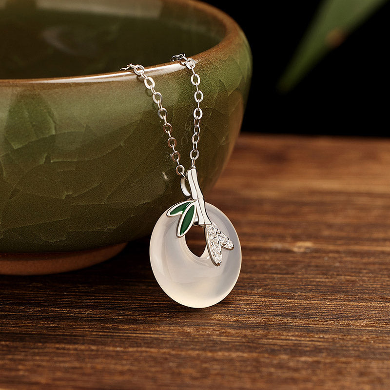 Natural Chalcedony Silver Spiritual Necklace with Bamboo Peace Buckle