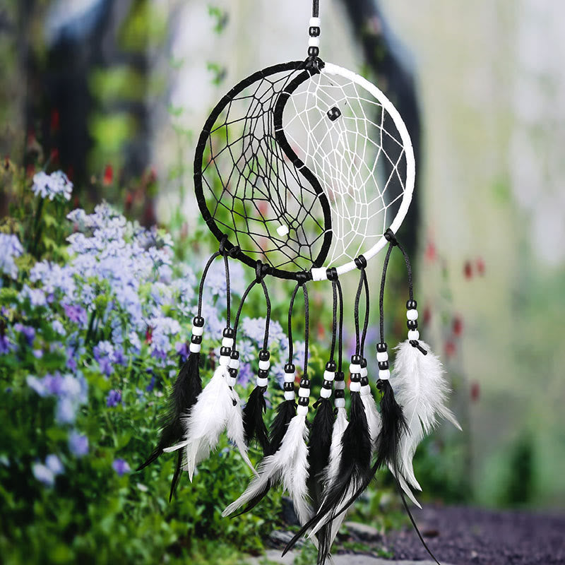 Yin Yang Dream Catcher with Feathers | Balance Wall Art