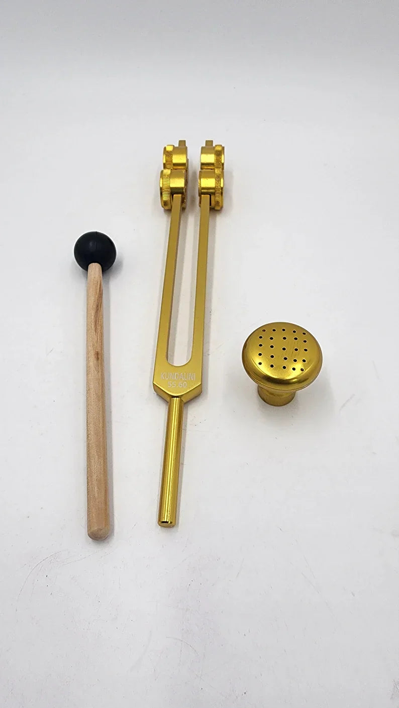 Golden 55.60 Hz Kundalini Gold Weighted Tuning Fork with wooden mallet and brass knob