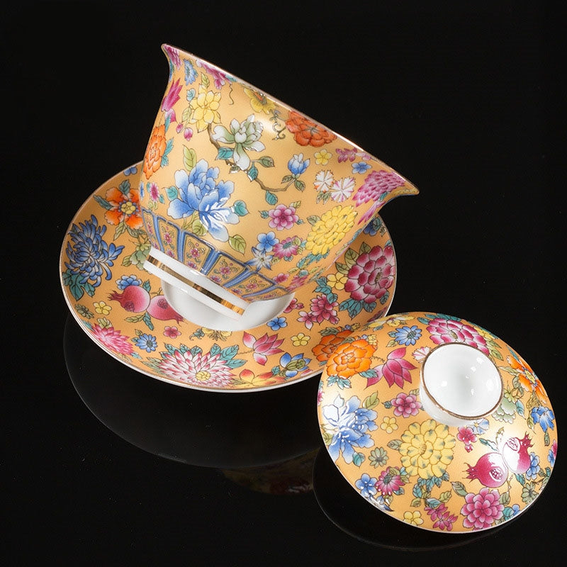 Peony Ceramic Gaiwan Sancai Teacup 9.5cm Meditation