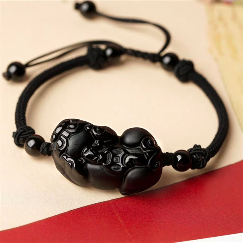 Pixiu Protection Bracelet with Obsidian, Amethyst & Citrine Stones