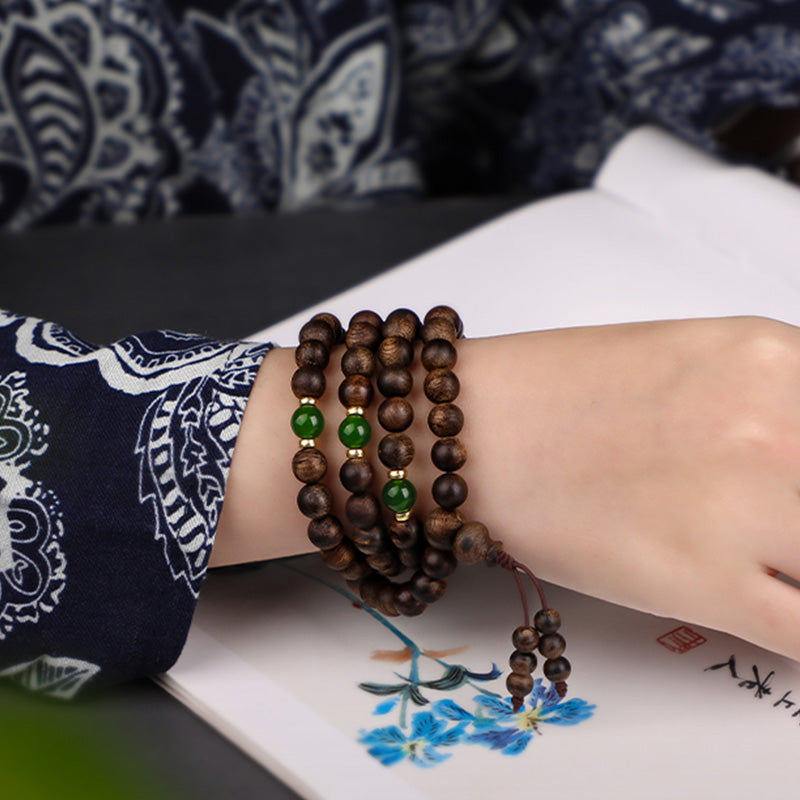 108 Beads Agarwood Cyan Jade Wood Mala Bracelet for Protection