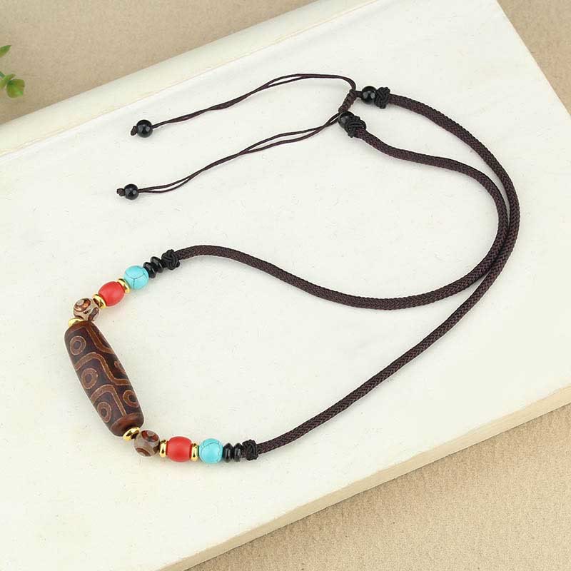 Unisex Agate Necklace with Nine-Eye and Three-Eyed Dzi Beads for Protection