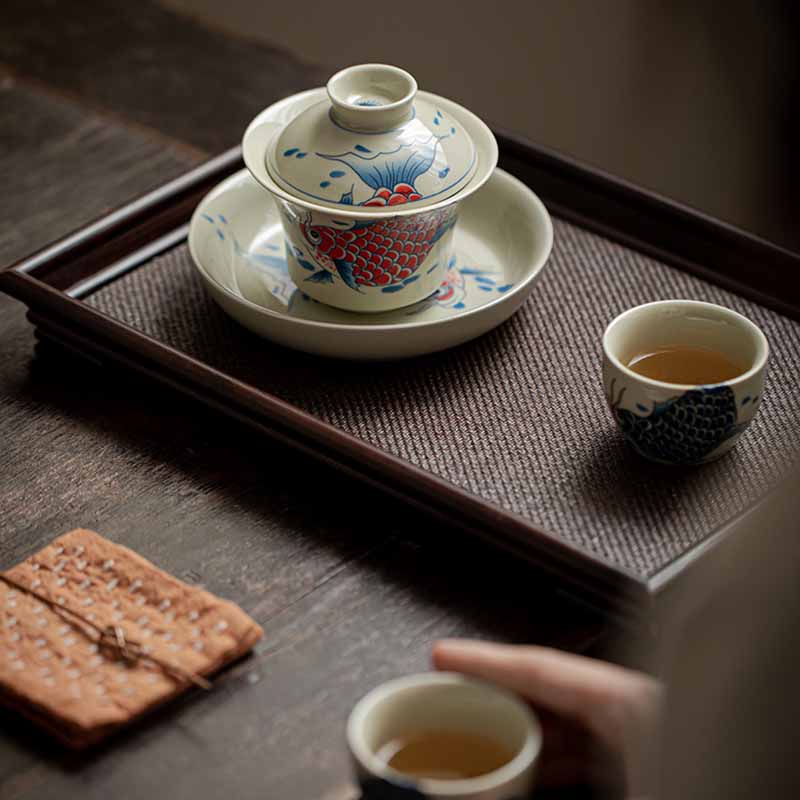 Red Ceramic Koi Fish Gaiwan Teacup 130ml for Tea Rituals
