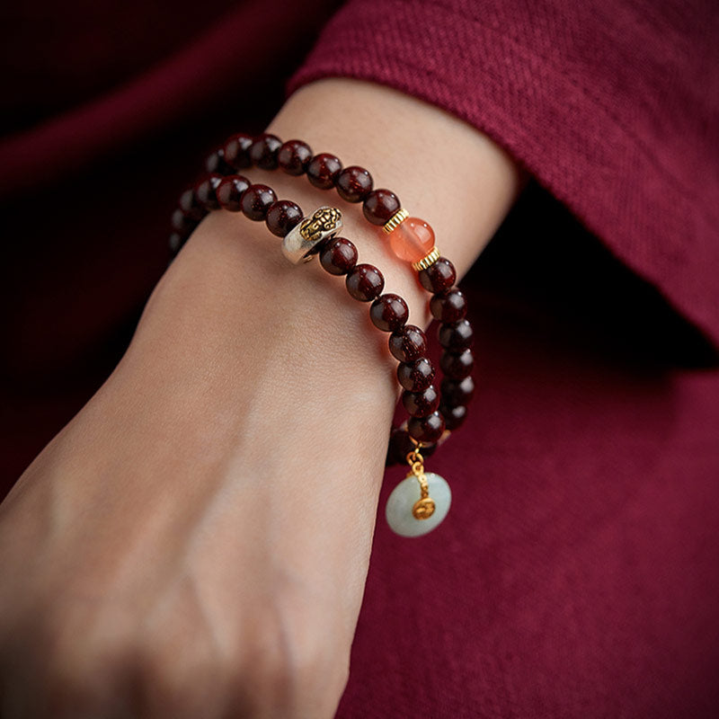 Chinese Zodiac Bracelet with Small Leaf Red Sandalwood & Jade for Protection