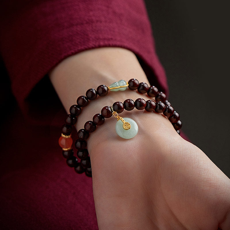Chinese Zodiac Bracelet with Small Leaf Red Sandalwood & Jade for Protection