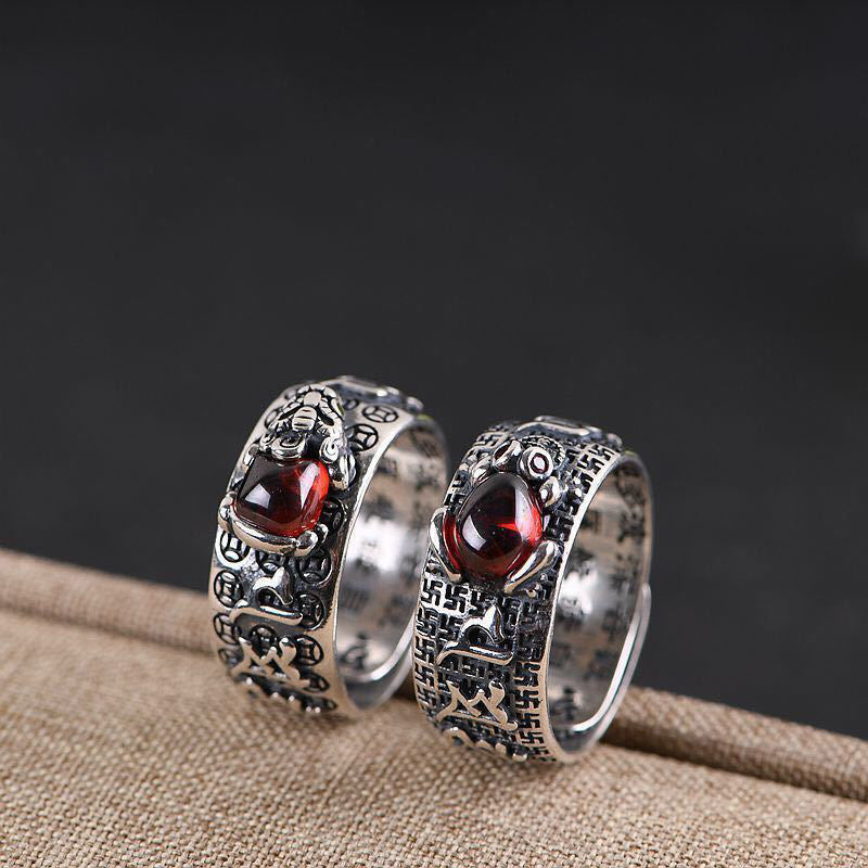 Unisex Adjustable Garnet Copper PiXiu Feng Shui Ring for Wealth