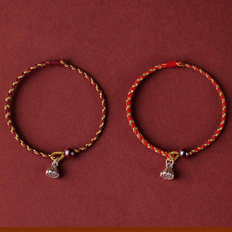Lotus Peace Charm Red Gold Rope Bracelet 14-16cm